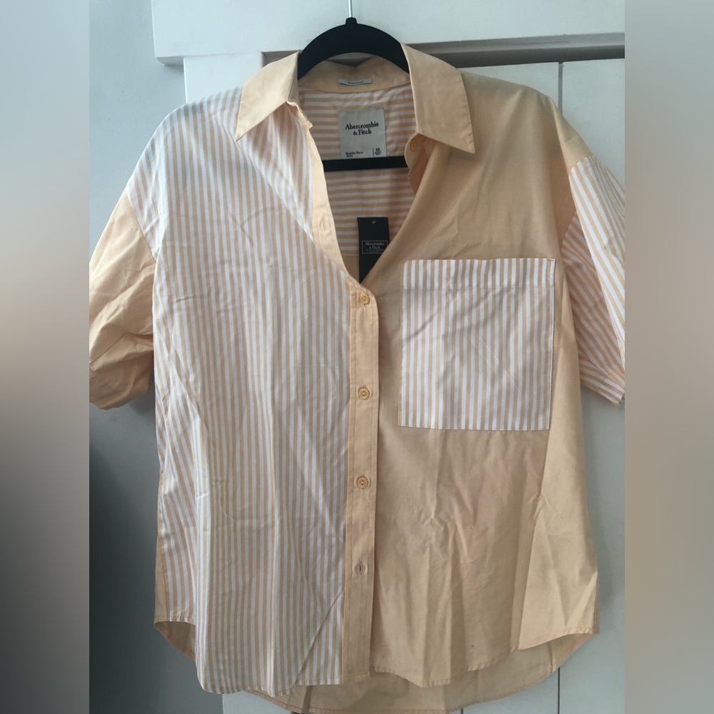 Oversized orange short sleeve button down colorblock shirt